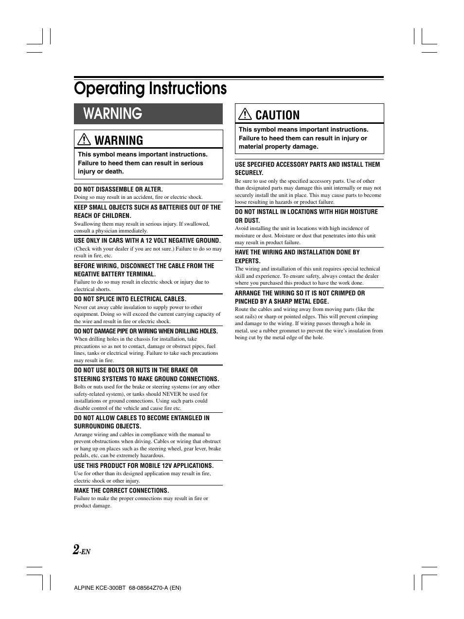 Operating instructions, Warning, Caution | Alpine KCE-300BT User Manual | Page 5 / 100