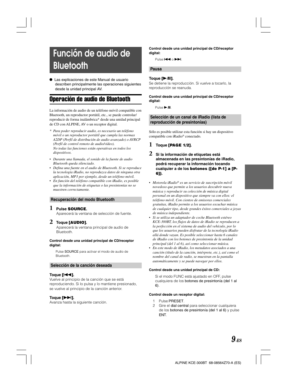 Función de audio de bluetooth, Operación de audio de bluetooth | Alpine KCE-300BT User Manual | Page 50 / 100