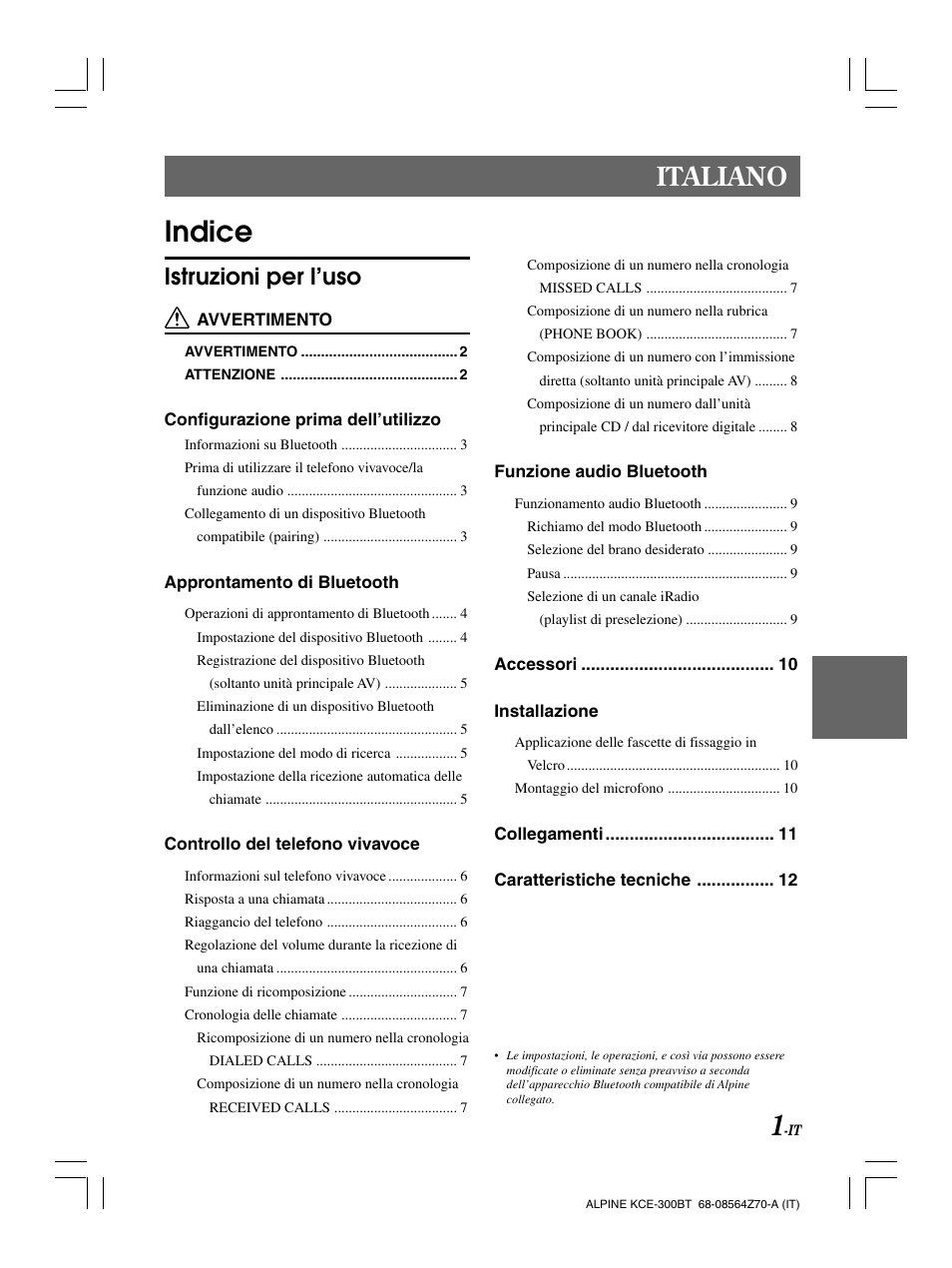 Indice, Italiano, Istruzioni per l’uso | Alpine KCE-300BT User Manual | Page 54 / 100