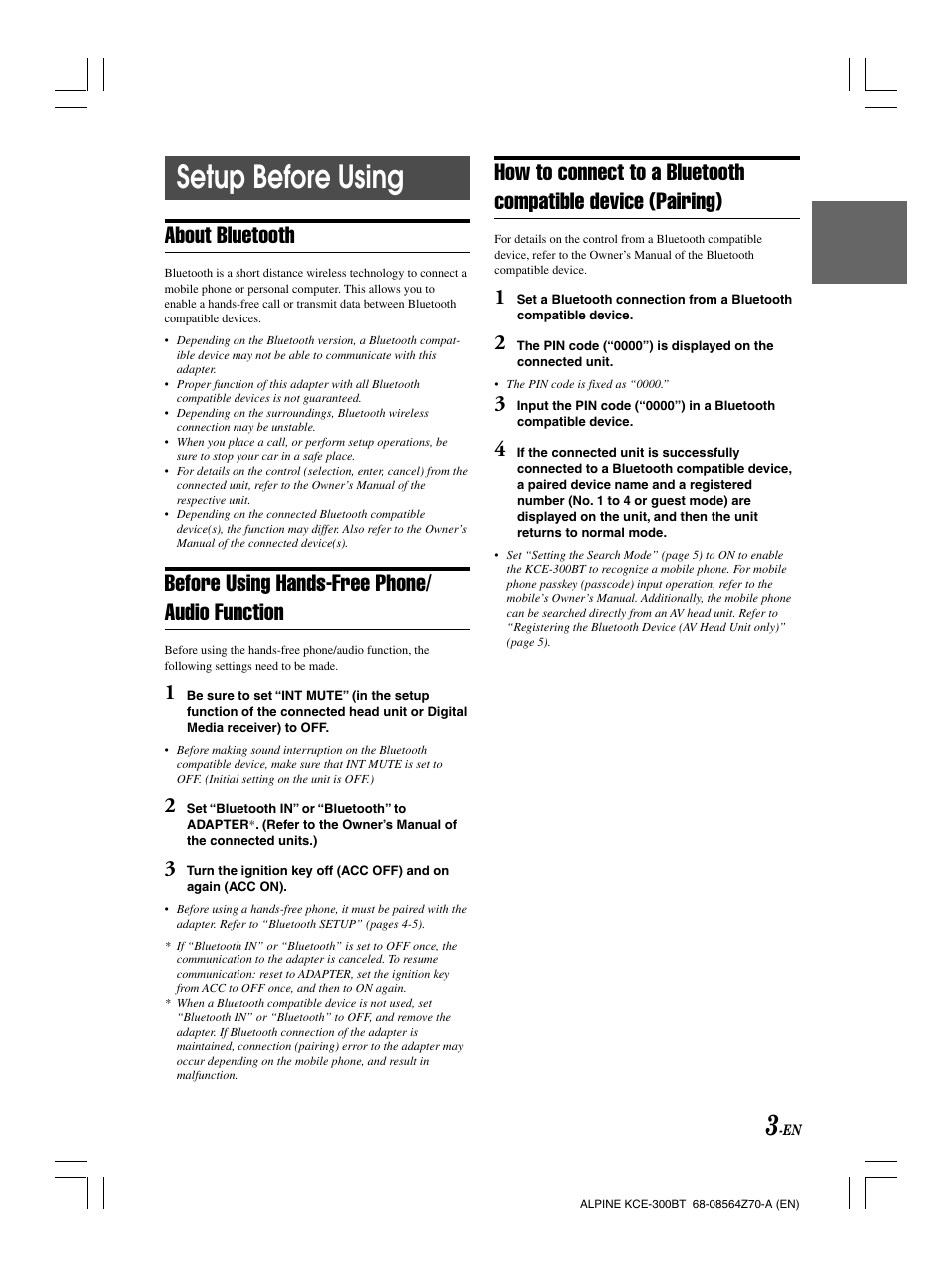 Setup before using, About bluetooth, Before using hands-free phone/ audio function | Alpine KCE-300BT User Manual | Page 6 / 100