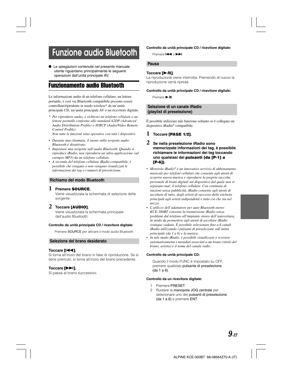 Funzione audio bluetooth, Funzionamento audio bluetooth | Alpine KCE-300BT User Manual | Page 62 / 100