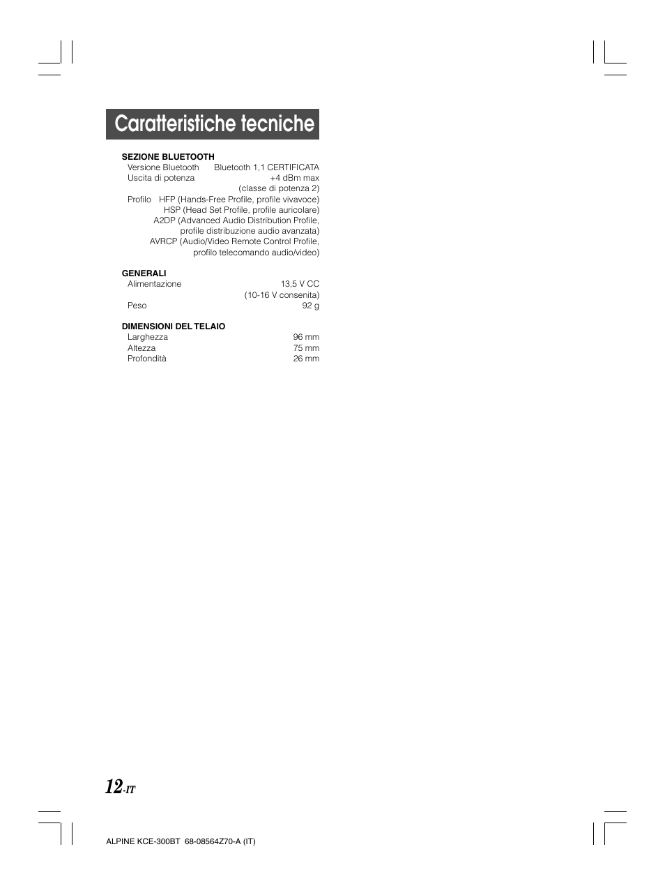 Caratteristiche tecniche | Alpine KCE-300BT User Manual | Page 65 / 100