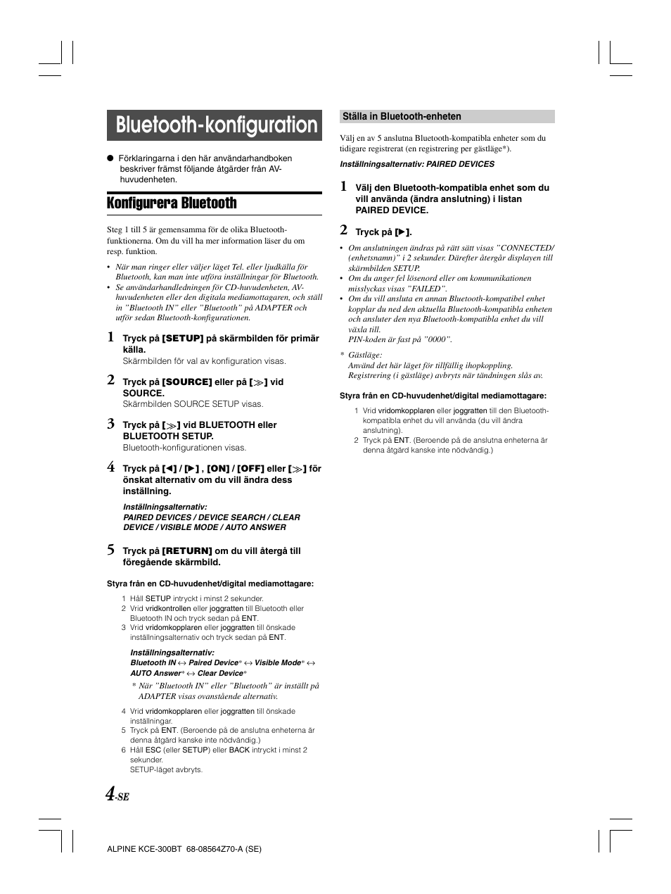 Bluetooth-konfiguration, Konfigurera bluetooth | Alpine KCE-300BT User Manual | Page 69 / 100