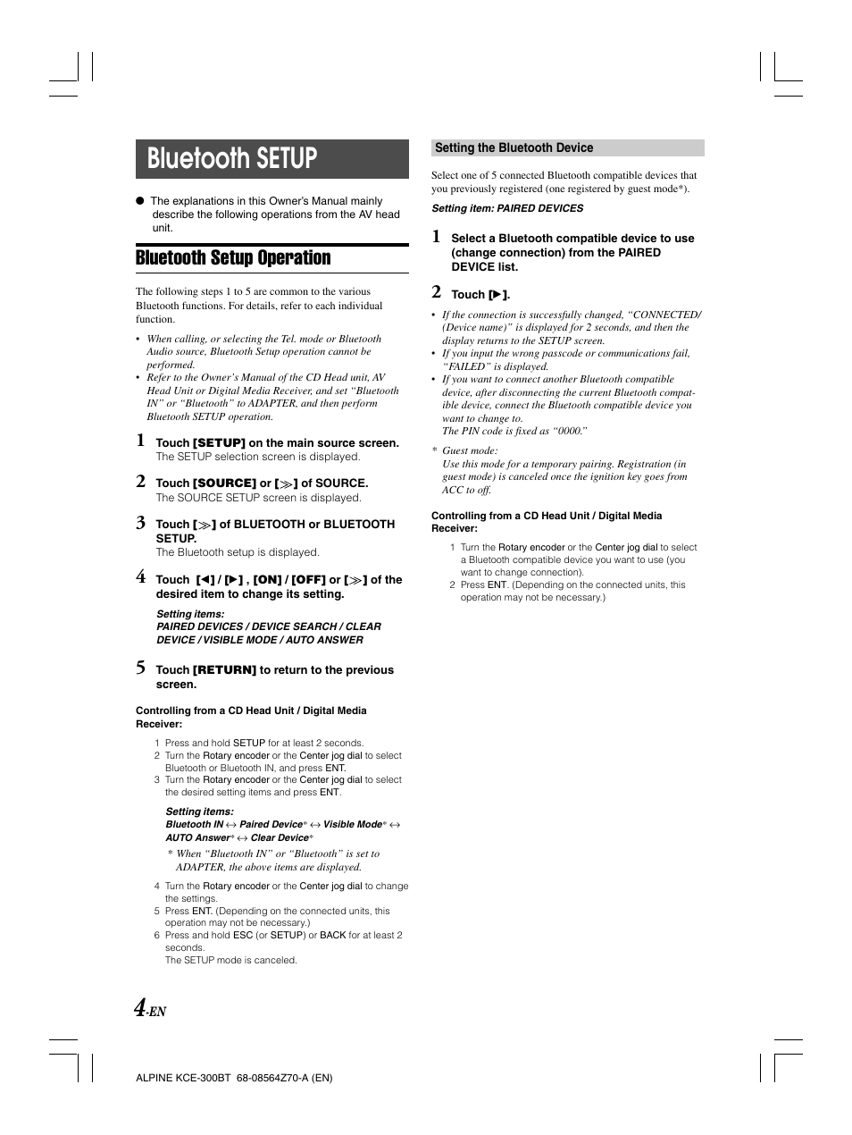 Bluetooth setup, Bluetooth setup operation | Alpine KCE-300BT User Manual | Page 7 / 100