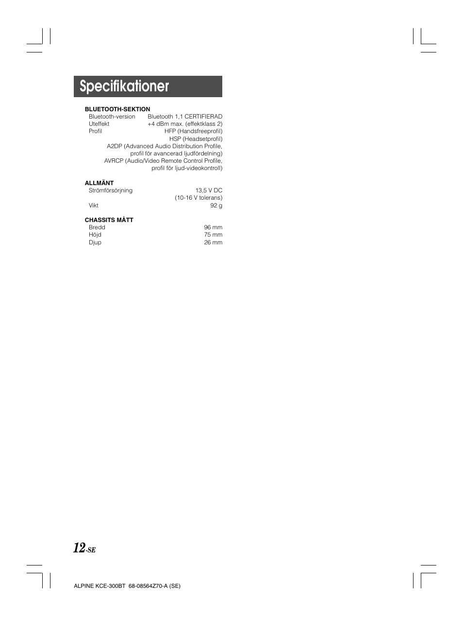 Specifikationer | Alpine KCE-300BT User Manual | Page 77 / 100