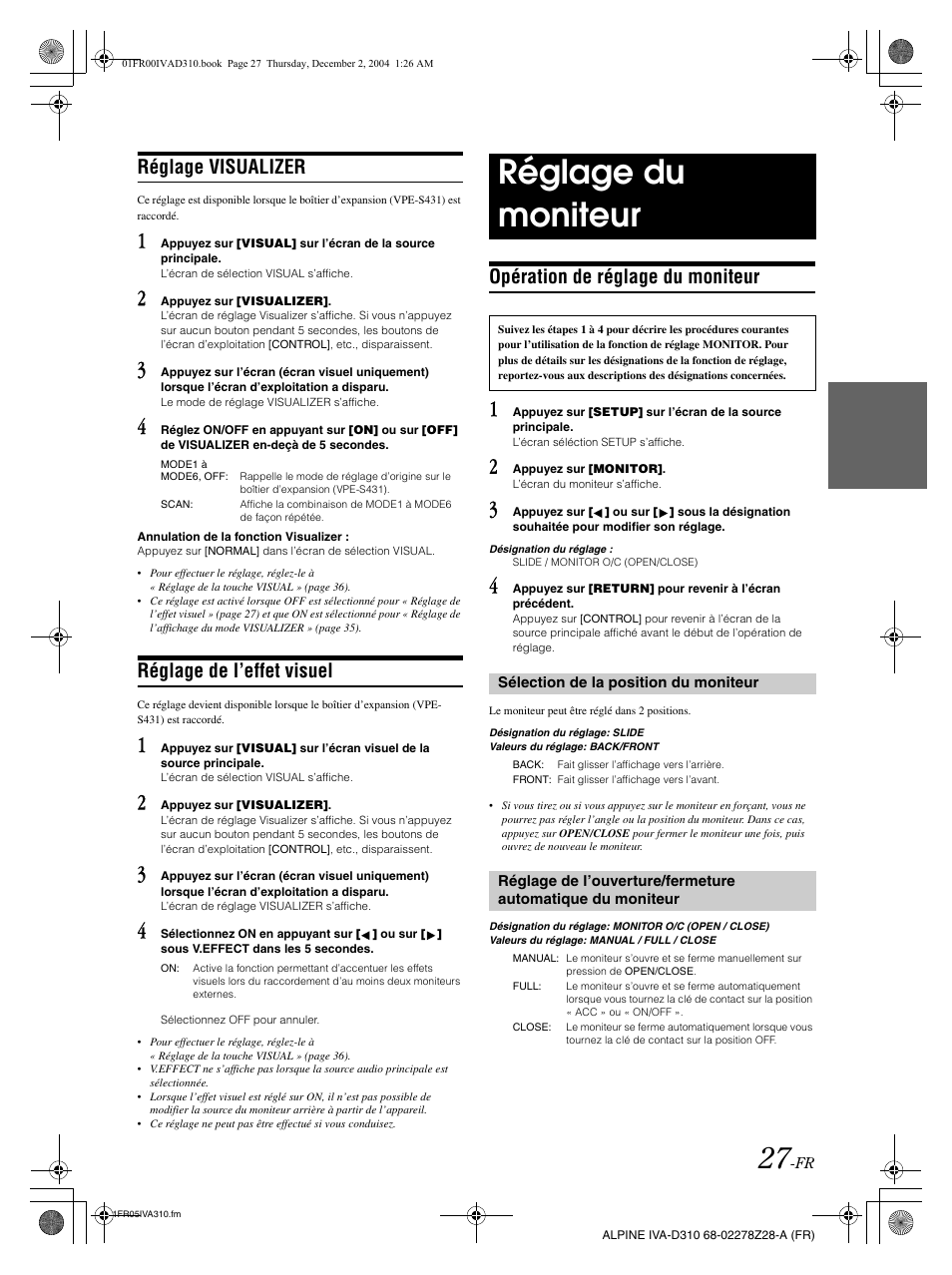 Réglage du moniteur, Réglage visualizer, Réglage de l’effet visuel | Opération de réglage du moniteur | Alpine IVA-D310 User Manual | Page 111 / 253