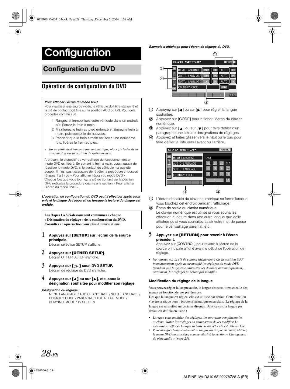 Configuration, Configuration du dvd, Opération de configuration du dvd | Alpine IVA-D310 User Manual | Page 112 / 253