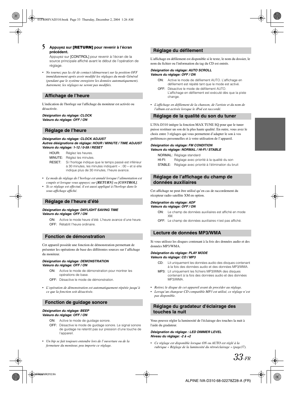 Affichage de l’heure réglage de l’heure, Réglage de l’heure d’été, Fonction de démonstration | Fonction de guidage sonore, Réglage du défilement, Réglage de la qualité du son du tuner, Lecture de données mp3/wma | Alpine IVA-D310 User Manual | Page 117 / 253