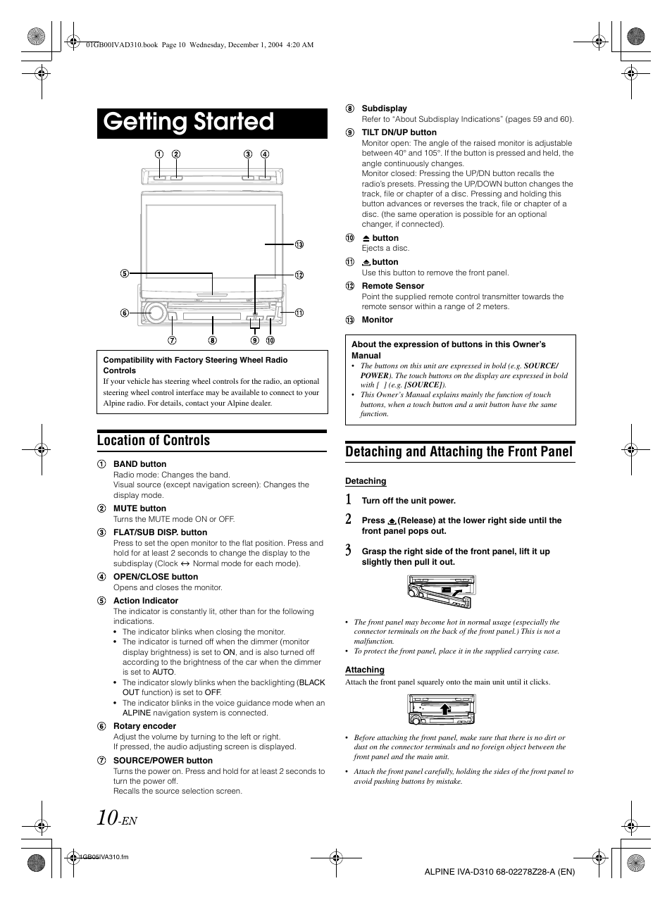 Getting started, Location of controls, Detaching and attaching the front panel | Alpine IVA-D310 User Manual | Page 12 / 253