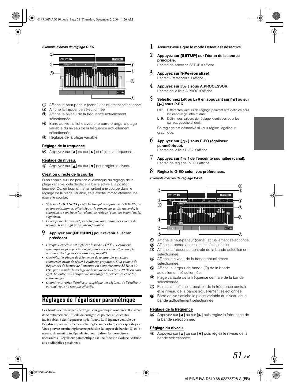 Réglages de l’égaliseur paramétrique | Alpine IVA-D310 User Manual | Page 135 / 253