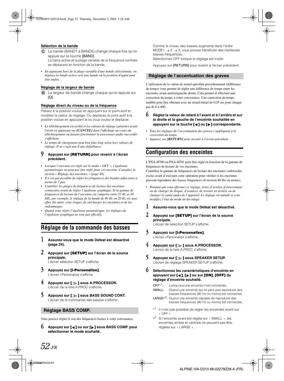 Réglage de la commande des basses, Configuration des enceintes | Alpine IVA-D310 User Manual | Page 136 / 253