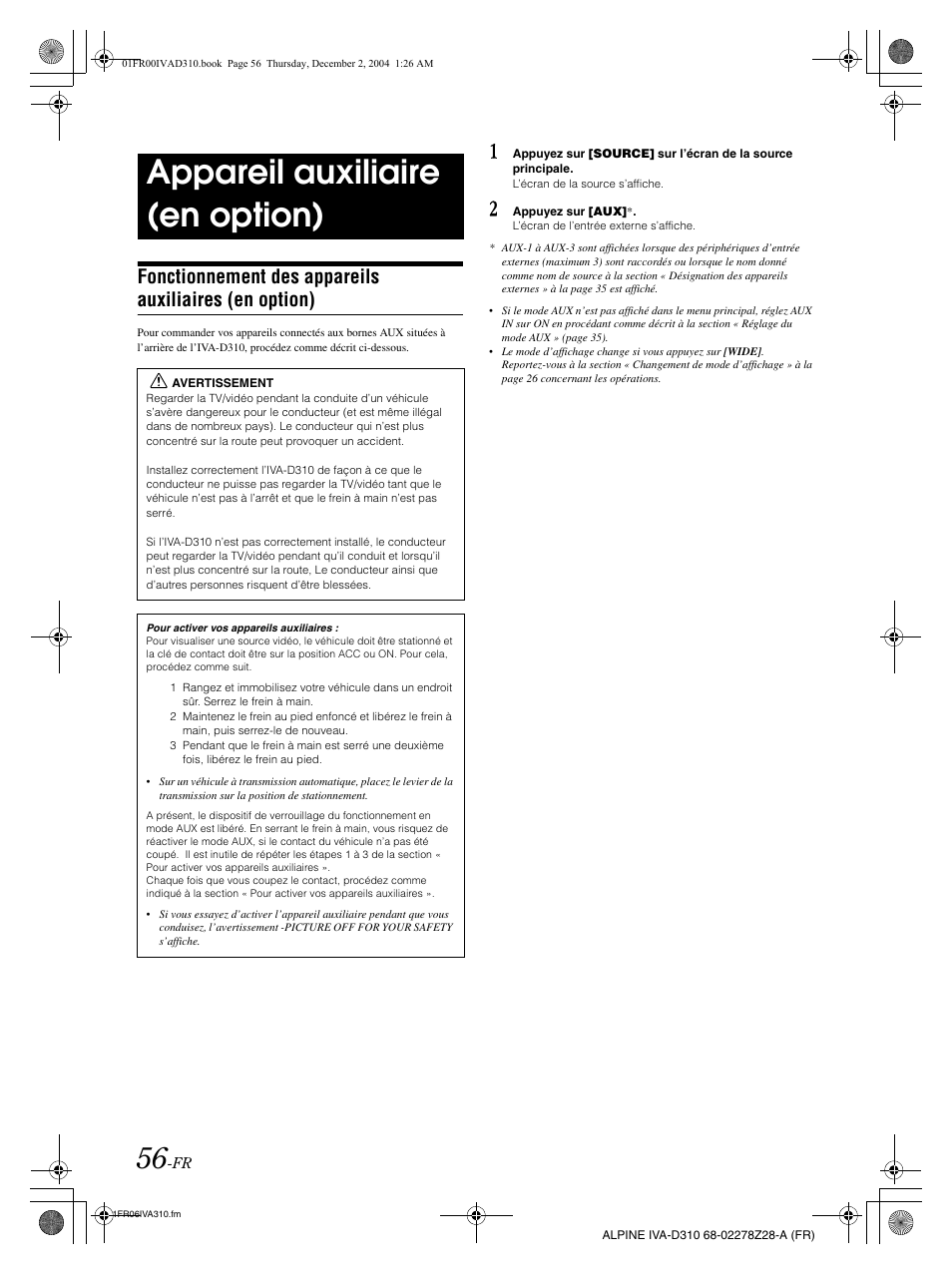 Appareil auxiliaire (en option) | Alpine IVA-D310 User Manual | Page 140 / 253