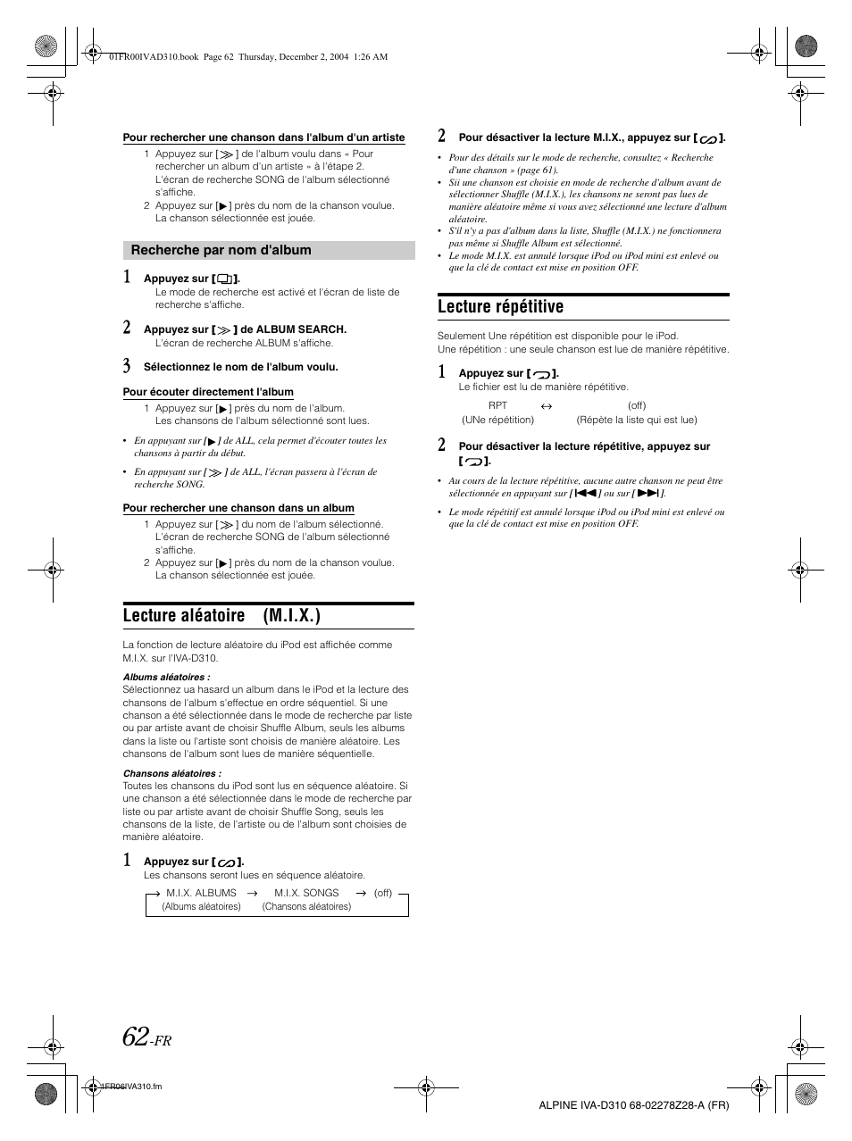 Lecture aléatoire (m.i.x.), Lecture répétitive | Alpine IVA-D310 User Manual | Page 146 / 253