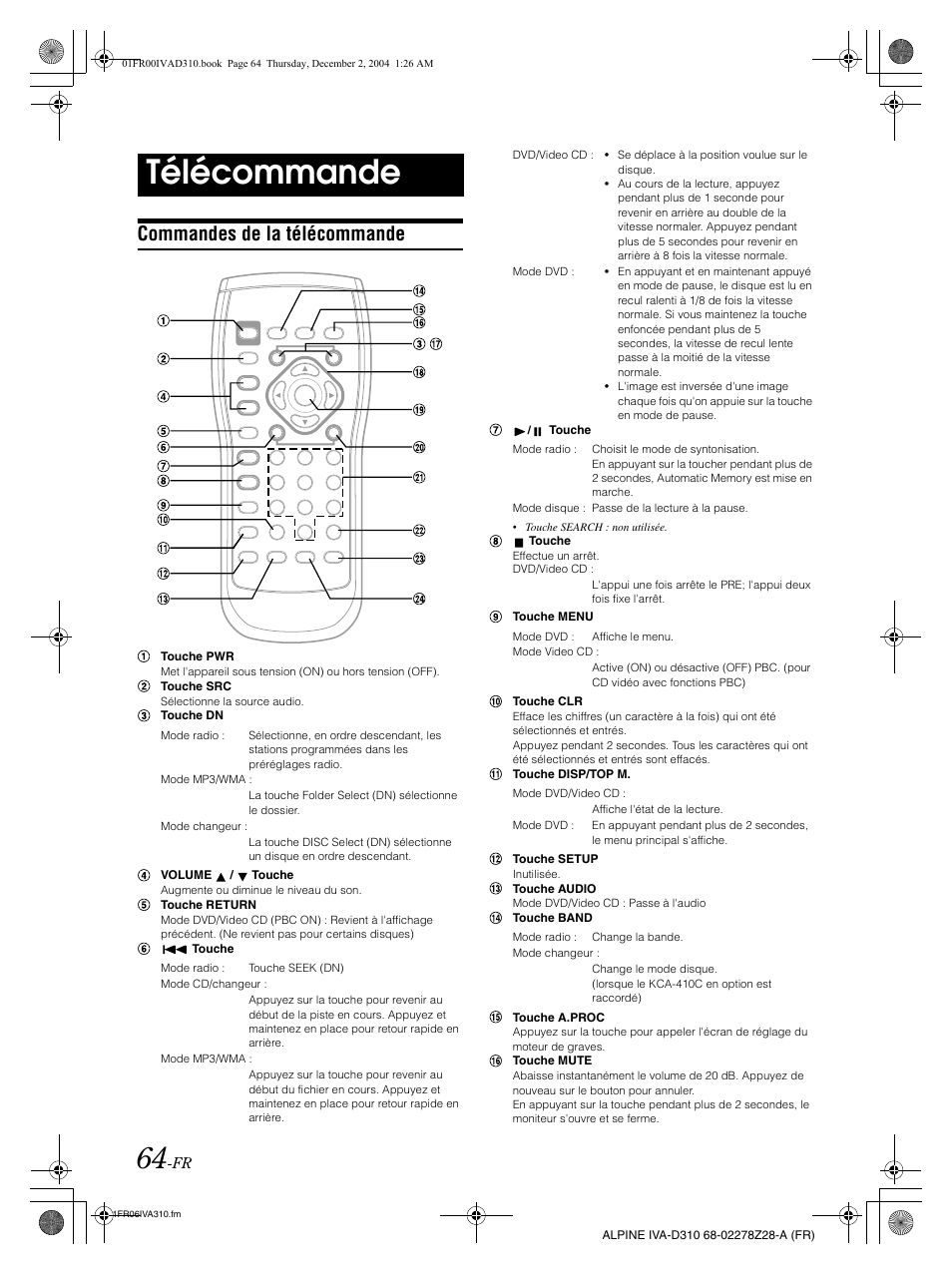 Télécommande, Commandes de la télécommande | Alpine IVA-D310 User Manual | Page 148 / 253