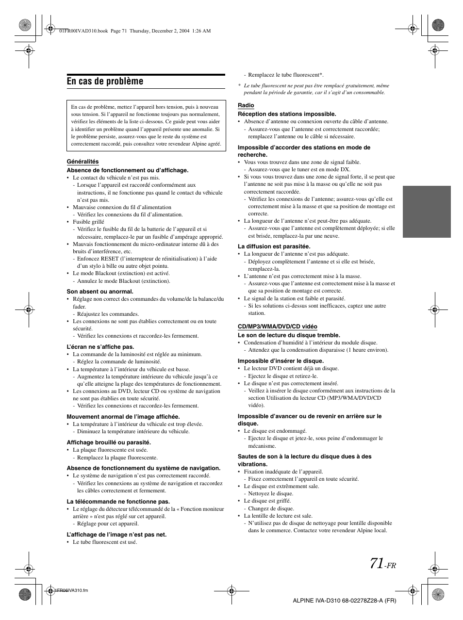 En cas de problème | Alpine IVA-D310 User Manual | Page 155 / 253