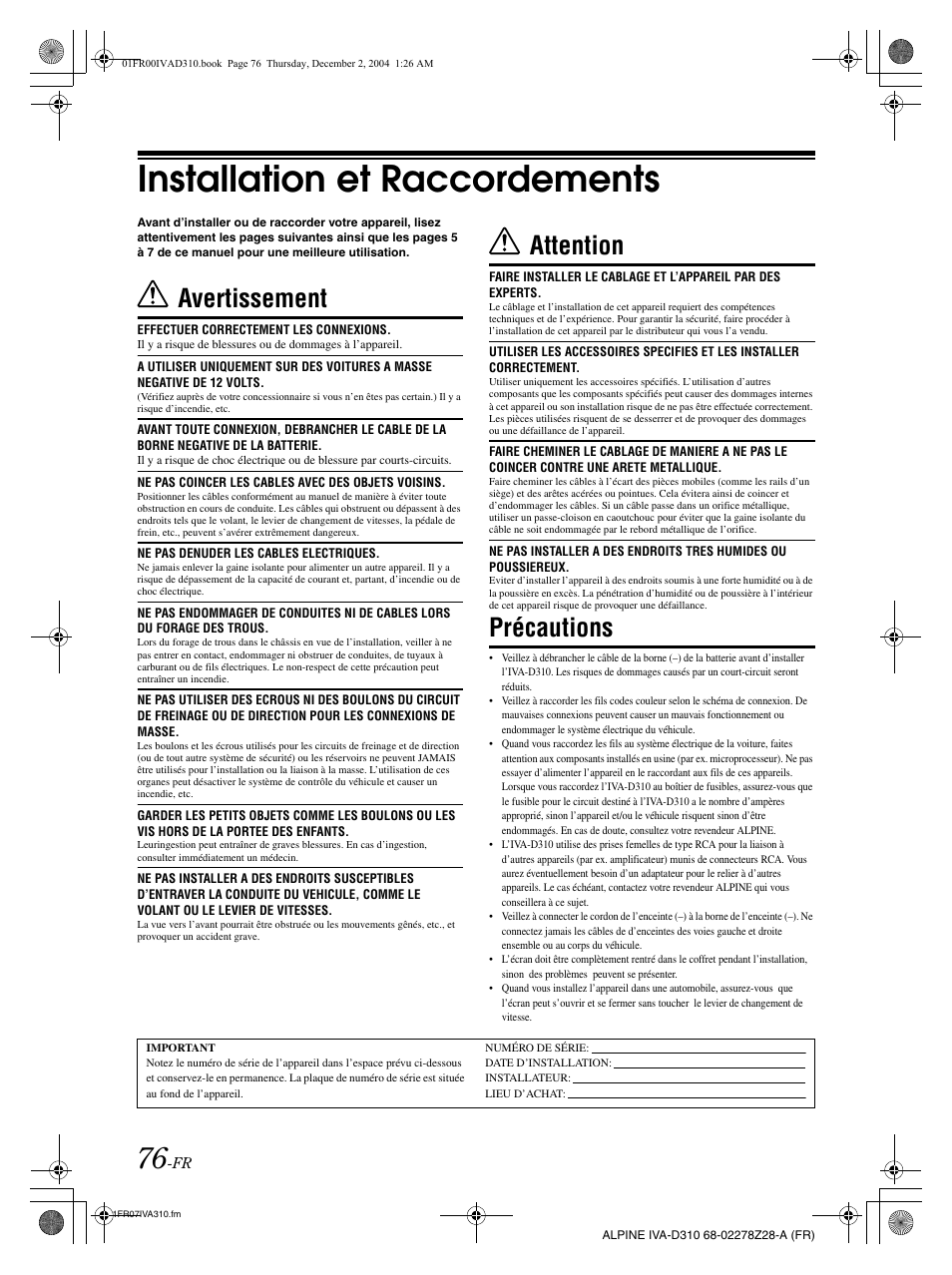 Installation et raccordements, Avertissement, Attention | Précautions | Alpine IVA-D310 User Manual | Page 160 / 253