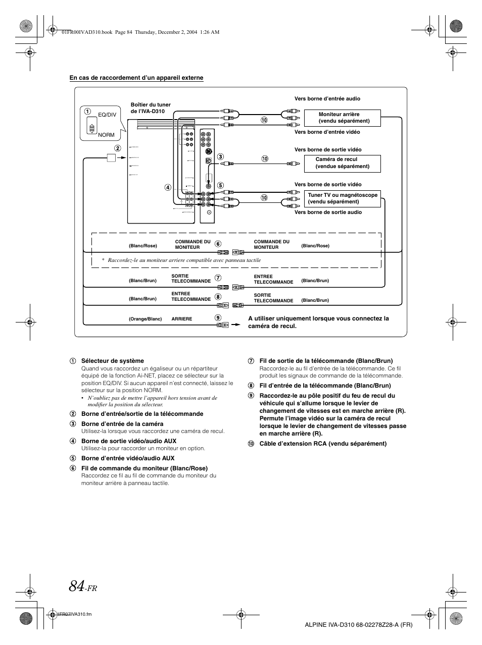 Pre in/out, Front l r subw. rear, Video audio (mono) r l | Alpine IVA-D310 User Manual | Page 168 / 253