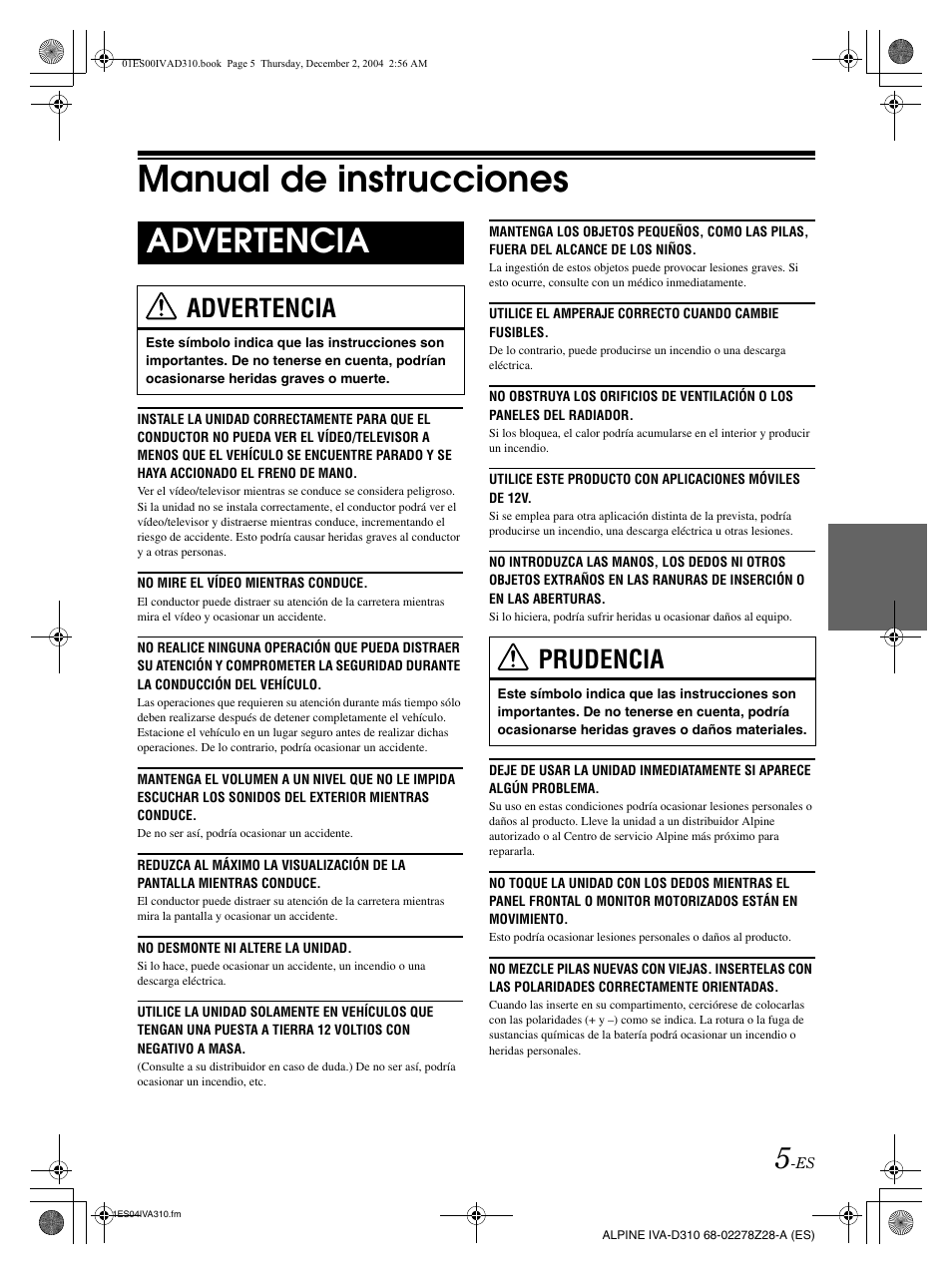 Manual de instrucciones, Advertencia, Prudencia | Alpine IVA-D310 User Manual | Page 175 / 253