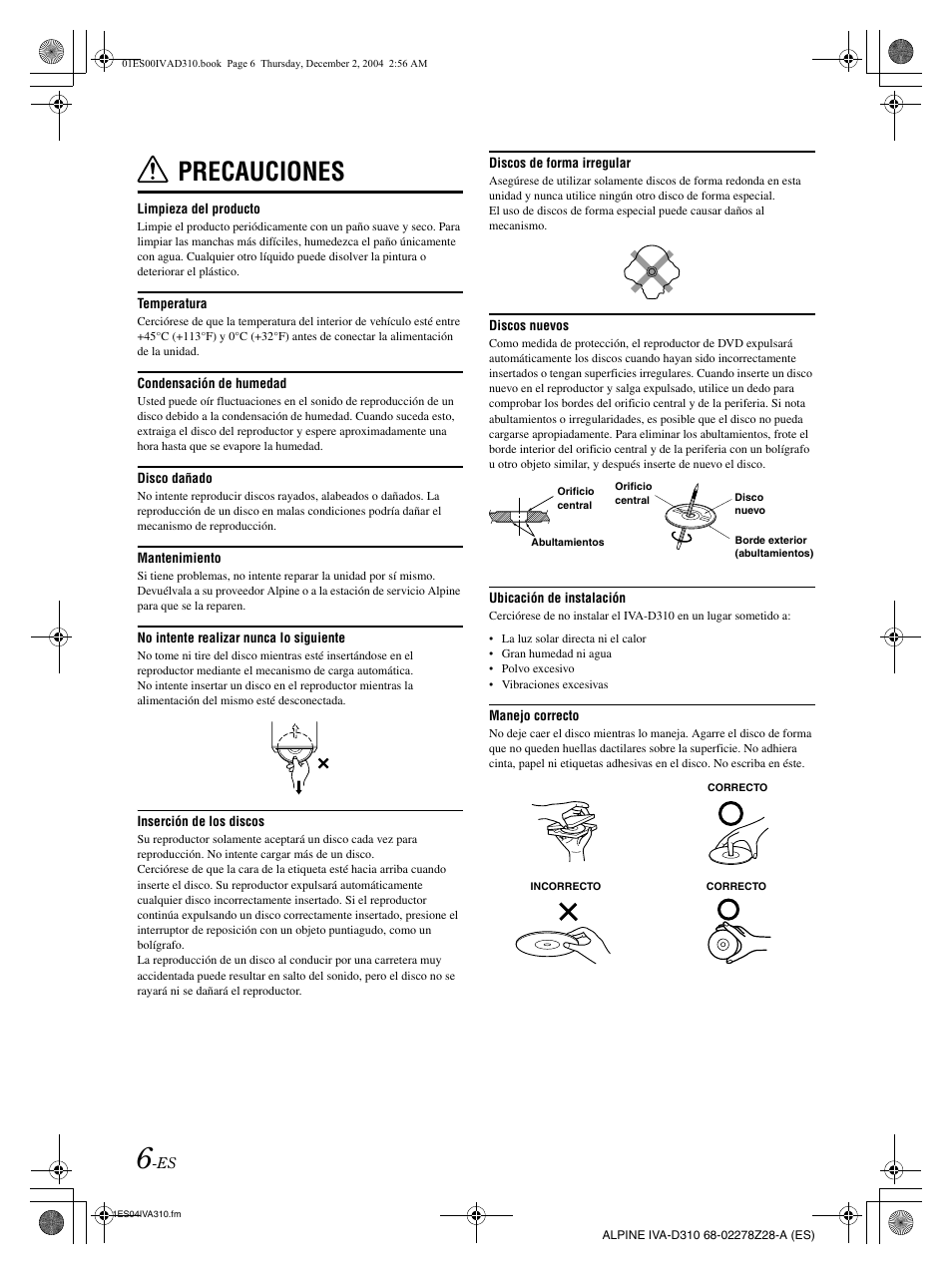 Precauciones | Alpine IVA-D310 User Manual | Page 176 / 253