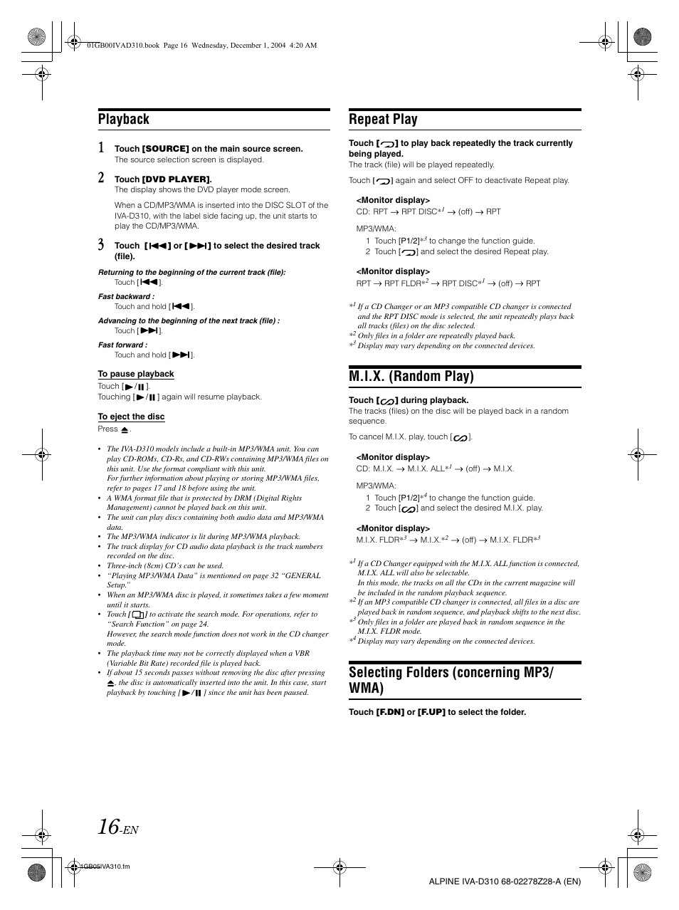 Playback, Repeat play, M.i.x. (random play) | Selecting folders (concerning mp3/ wma) | Alpine IVA-D310 User Manual | Page 18 / 253