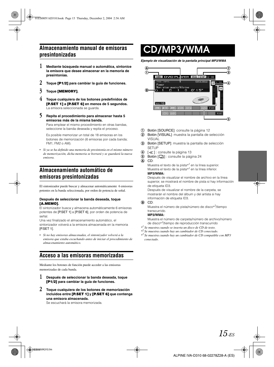 Cd/mp3/wma, Almacenamiento manual de emisoras presintonizadas | Alpine IVA-D310 User Manual | Page 185 / 253