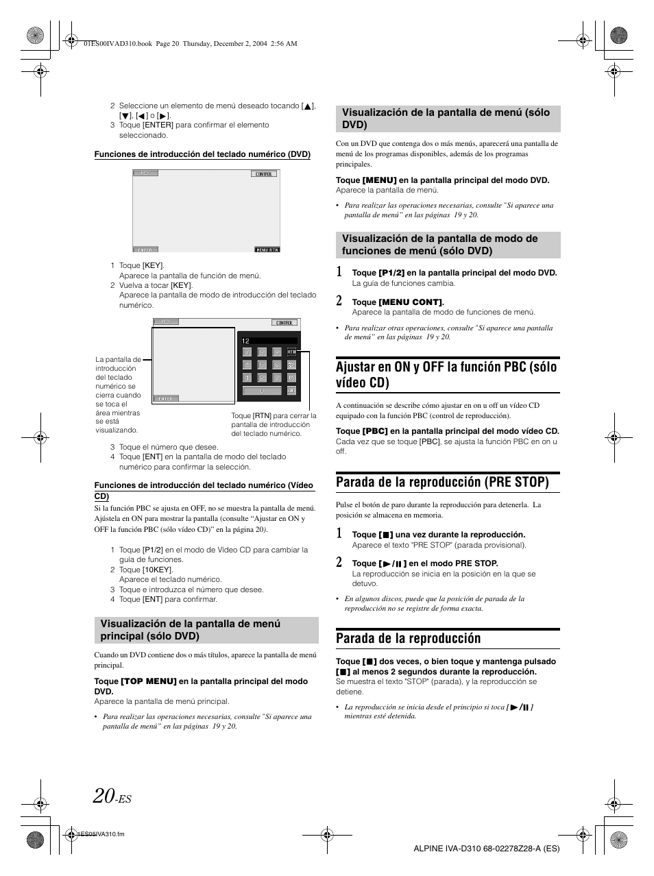 Ajustar en on y off la función pbc (sólo vídeo cd), Parada de la reproducción (pre stop), Parada de la reproducción | Alpine IVA-D310 User Manual | Page 190 / 253