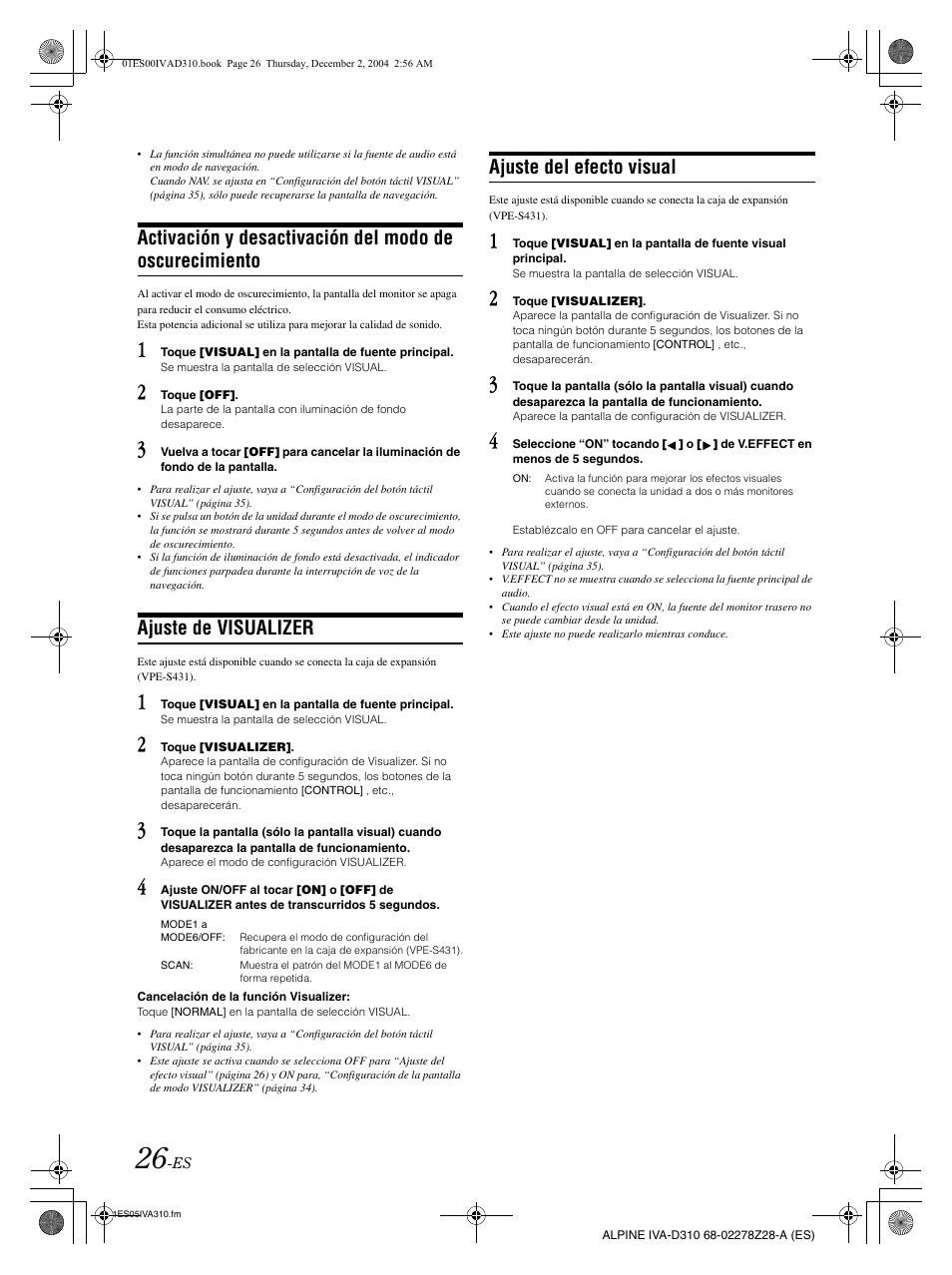 Ajuste de visualizer, Ajuste del efecto visual | Alpine IVA-D310 User Manual | Page 196 / 253