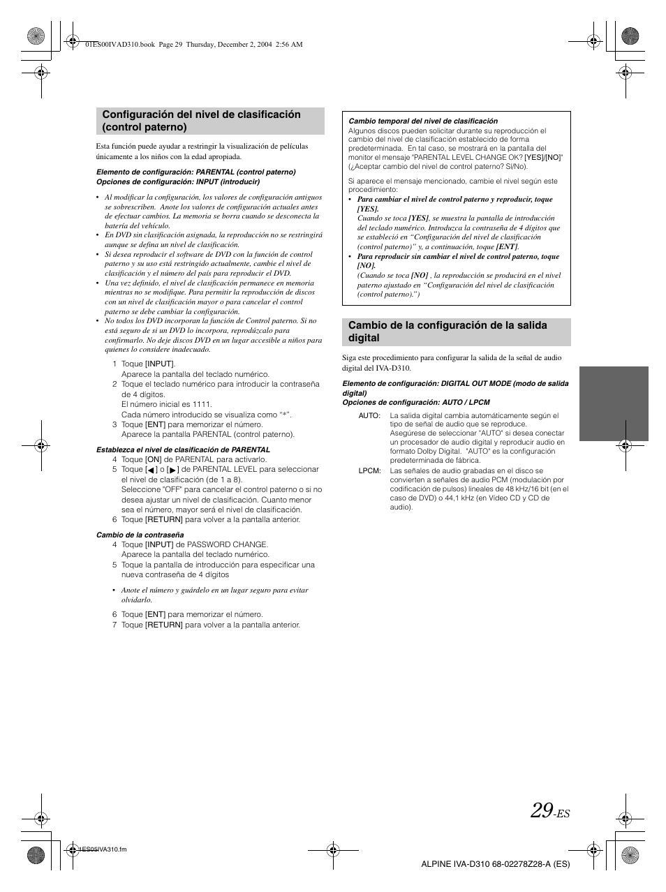 Cambio de la configuración de la salida digital | Alpine IVA-D310 User Manual | Page 199 / 253