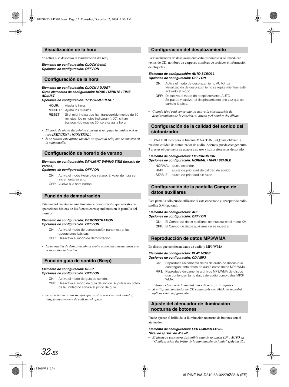 Visualización de la hora configuración de la hora, Configuración de horario de verano, Función de demostración | Función guía de sonido (beep), Configuración del desplazamiento, Reproducción de datos mp3/wma | Alpine IVA-D310 User Manual | Page 202 / 253