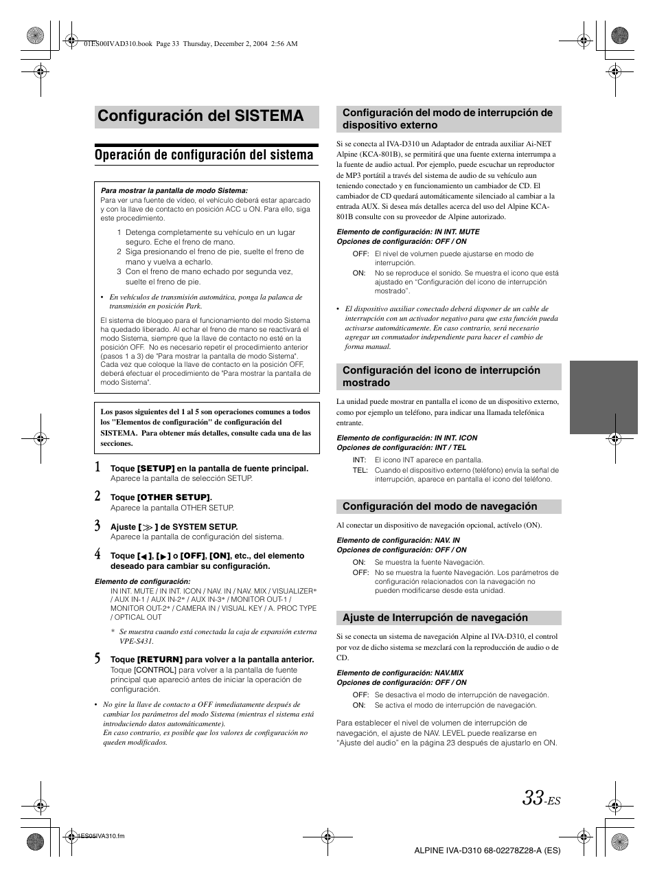 Configuración del sistema, Operación de configuración del sistema | Alpine IVA-D310 User Manual | Page 203 / 253