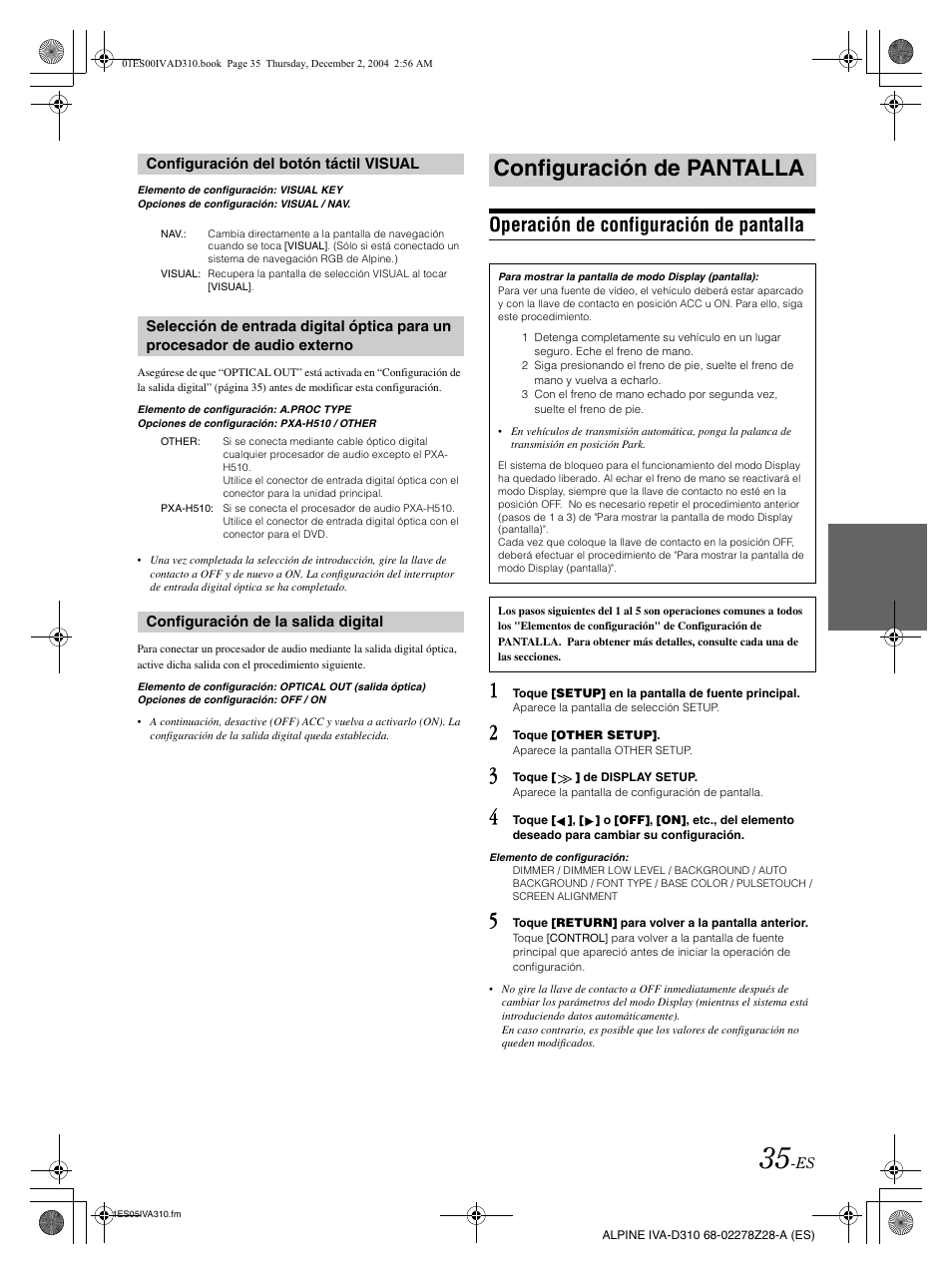 Configuración de pantalla, Operación de configuración de pantalla | Alpine IVA-D310 User Manual | Page 205 / 253