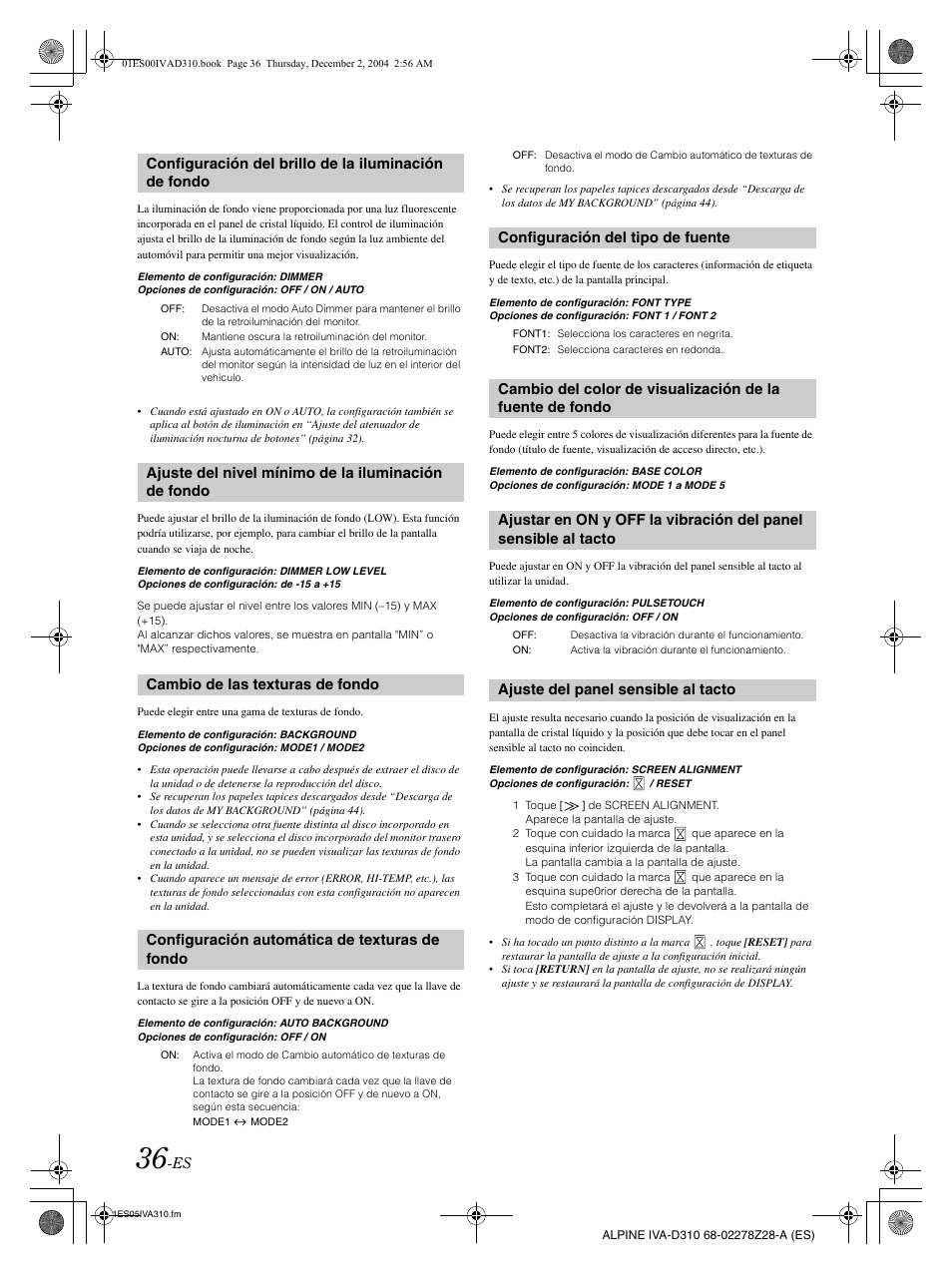 Configuración del tipo de fuente, Ajuste del panel sensible al tacto | Alpine IVA-D310 User Manual | Page 206 / 253