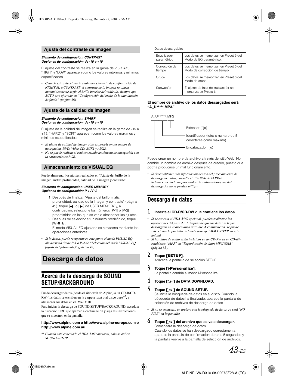 Acerca de la descarga de sound setup/background, Descarga de datos | Alpine IVA-D310 User Manual | Page 213 / 253