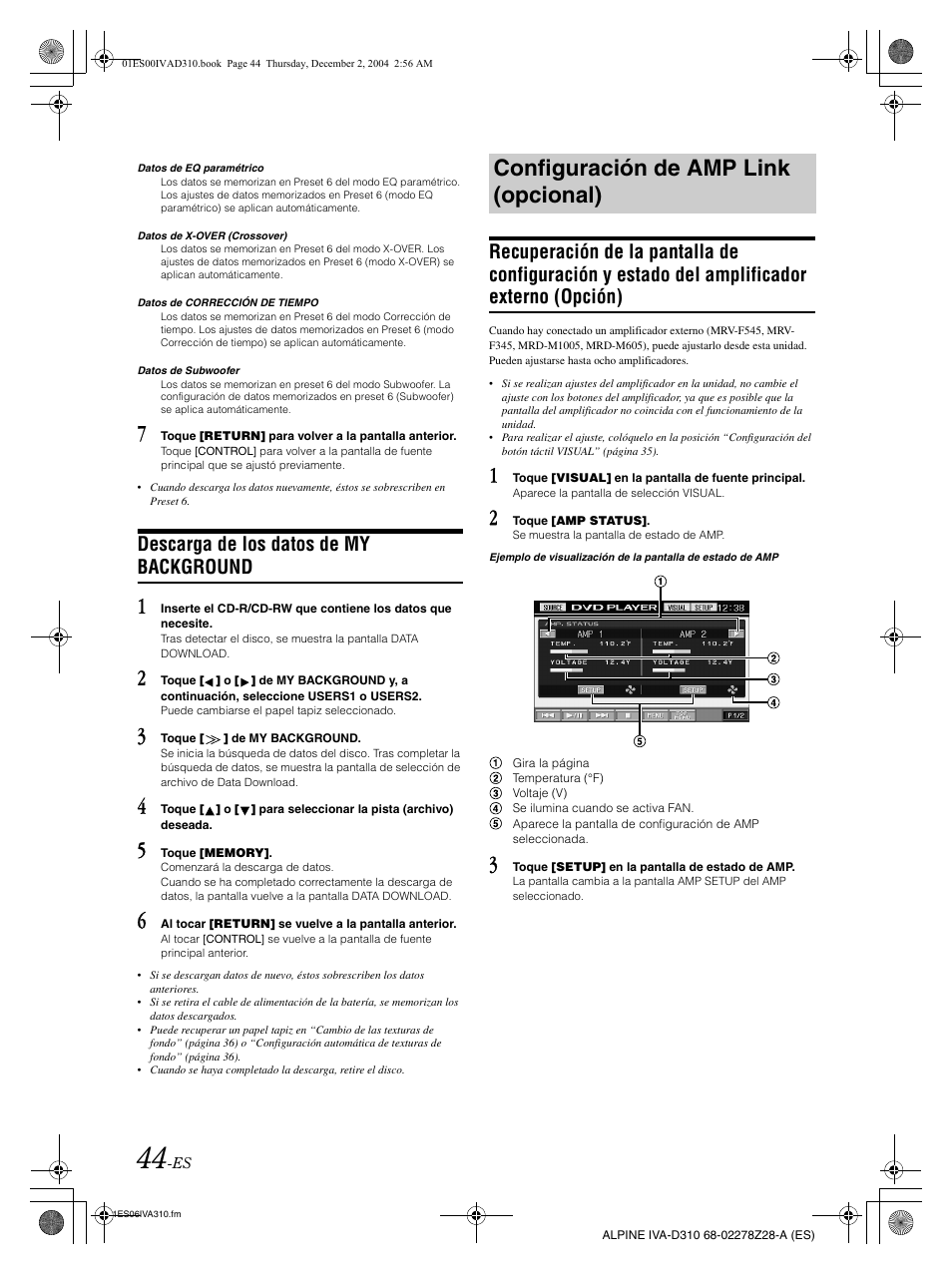 Configuración de amp link (opcional), Descarga de los datos de my background | Alpine IVA-D310 User Manual | Page 214 / 253