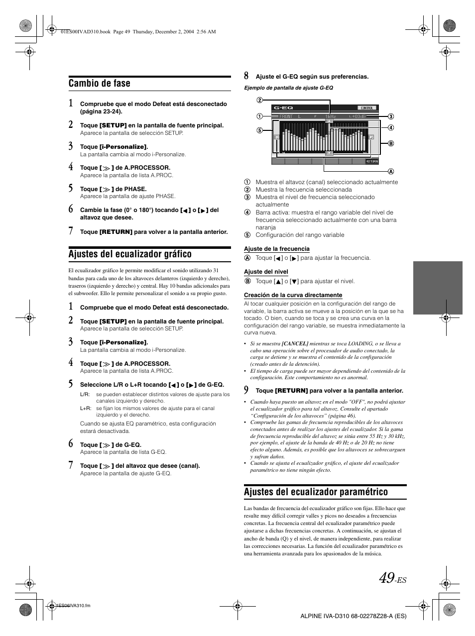 Cambio de fase, Ajustes del ecualizador gráfico, Ajustes del ecualizador paramétrico | Alpine IVA-D310 User Manual | Page 219 / 253