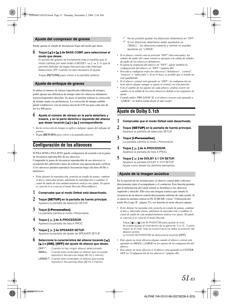 Configuración de los altavoces, Ajuste de dolby 5.1ch | Alpine IVA-D310 User Manual | Page 221 / 253