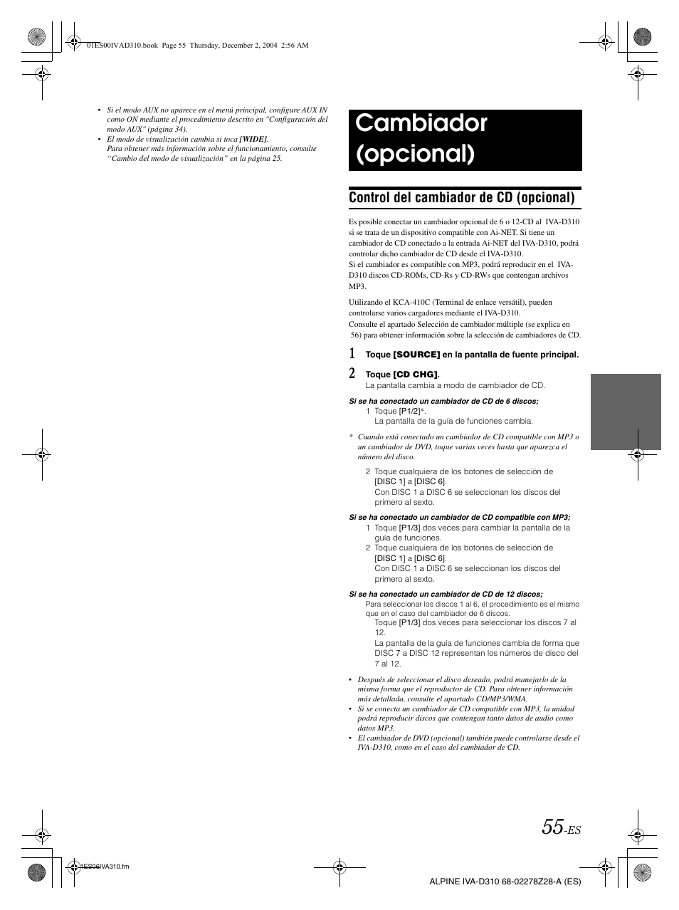 Cambiador (opcional), Control del cambiador de cd (opcional) | Alpine IVA-D310 User Manual | Page 225 / 253