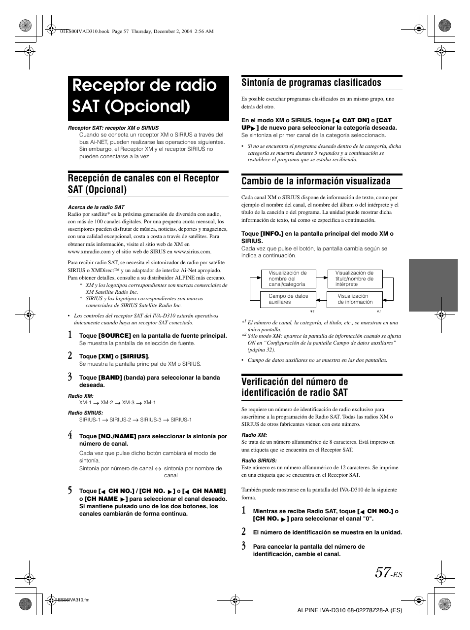 Receptor de radio sat (opcional), Sintonía de programas clasificados, Cambio de la información visualizada | Alpine IVA-D310 User Manual | Page 227 / 253
