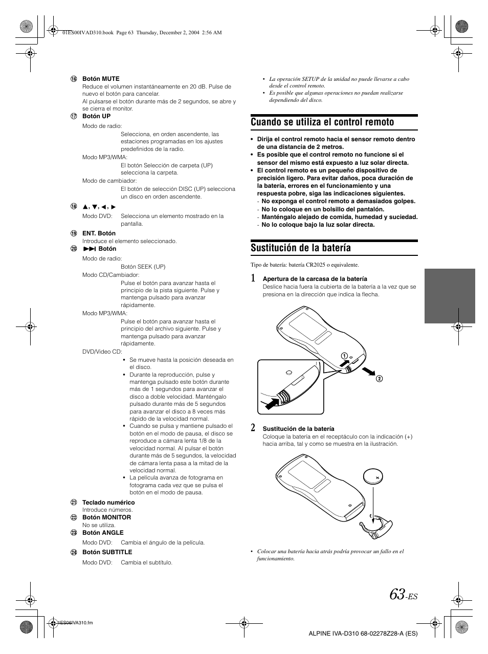 Cuando se utiliza el control remoto, Sustitución de la batería | Alpine IVA-D310 User Manual | Page 233 / 253