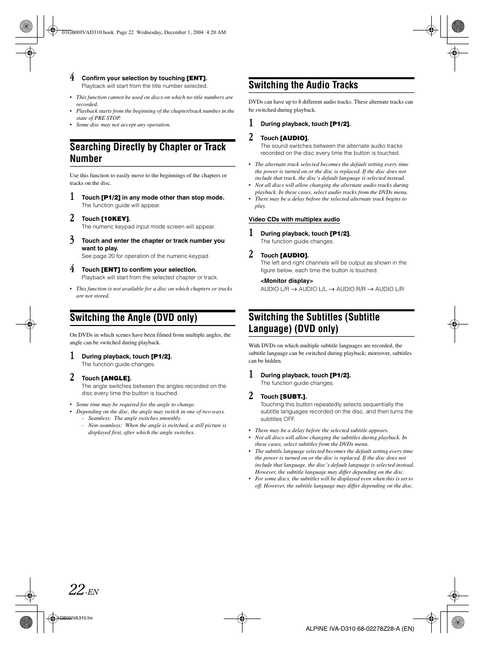 Searching directly by chapter or track number, Switching the angle (dvd only), Switching the audio tracks | Alpine IVA-D310 User Manual | Page 24 / 253