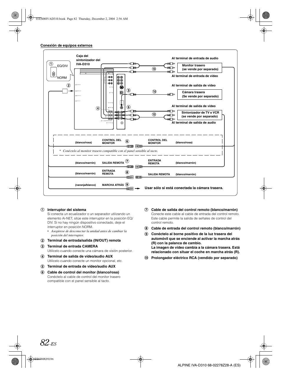 Pre in/out, Front l r subw. rear, Video audio (mono) r l | Alpine IVA-D310 User Manual | Page 252 / 253