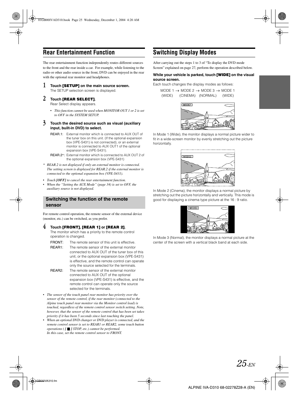 Rear entertainment function, Switching display modes | Alpine IVA-D310 User Manual | Page 27 / 253