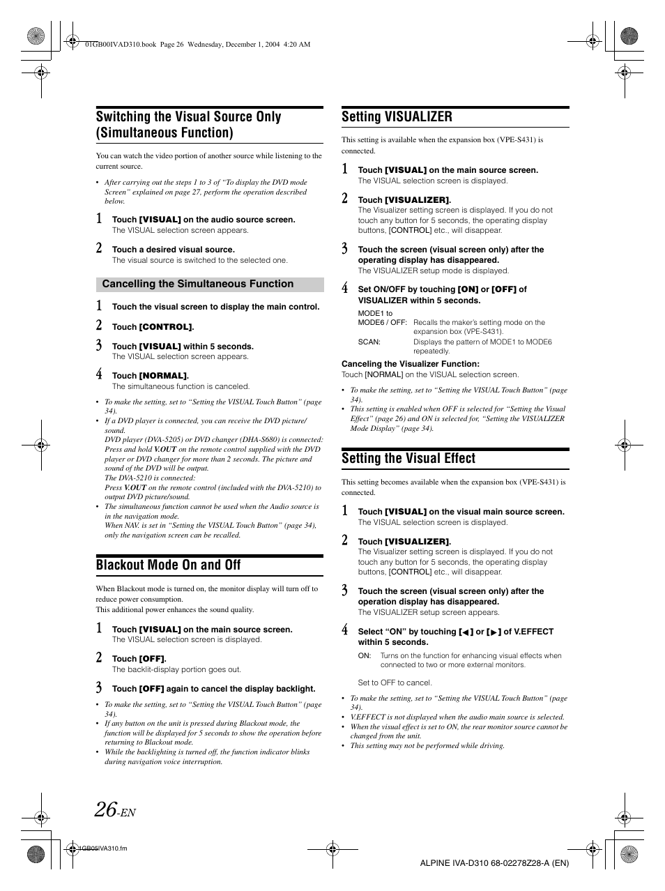 Blackout mode on and off, Setting visualizer, Setting the visual effect | Alpine IVA-D310 User Manual | Page 28 / 253