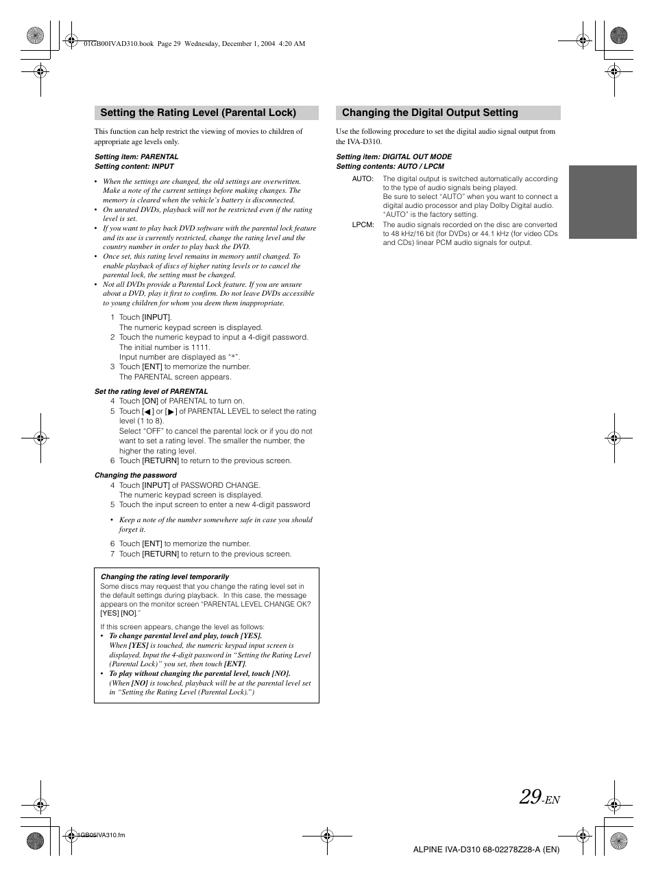 Setting the rating level (parental lock), Changing the digital output setting | Alpine IVA-D310 User Manual | Page 31 / 253