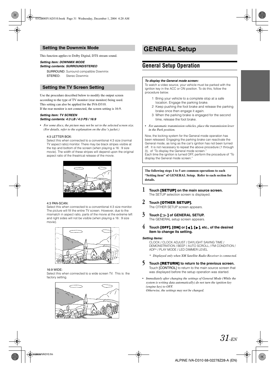 General setup, General setup operation | Alpine IVA-D310 User Manual | Page 33 / 253