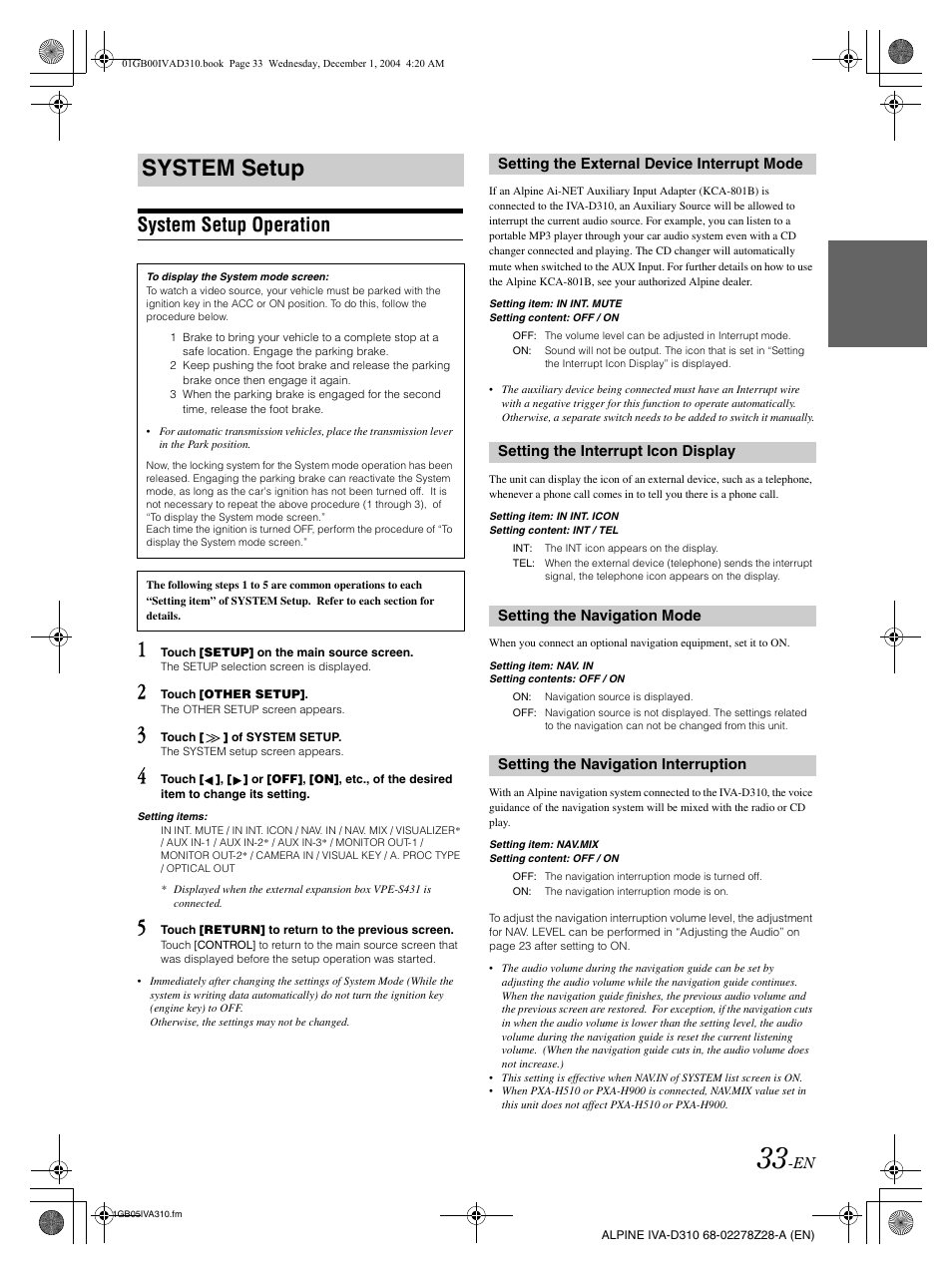 System setup, System setup operation | Alpine IVA-D310 User Manual | Page 35 / 253