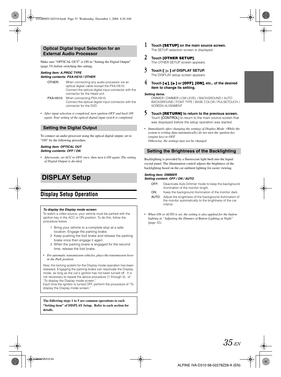 Display setup, Display setup operation | Alpine IVA-D310 User Manual | Page 37 / 253