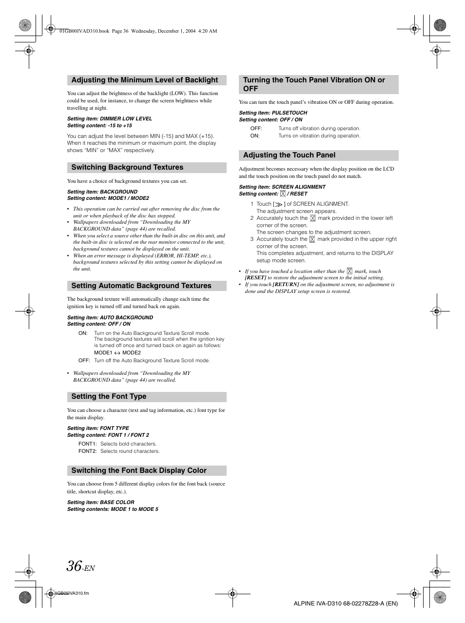 Setting the font type, Adjusting the touch panel | Alpine IVA-D310 User Manual | Page 38 / 253