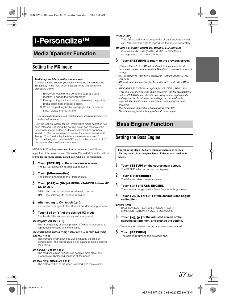 I-personalize, Media xpander function, Bass engine function | Setting the mx mode, Setting the bass engine | Alpine IVA-D310 User Manual | Page 39 / 253