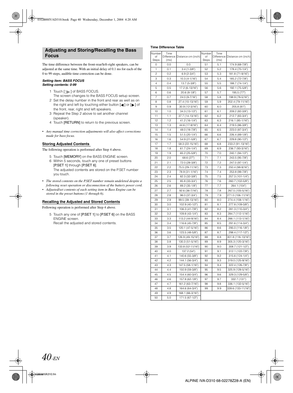 Adjusting and storing/recalling the bass focus | Alpine IVA-D310 User Manual | Page 42 / 253